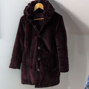dennis basso Deep Plum Ruffled Hood Teddy Coat